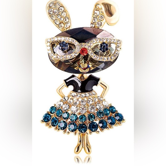 Whimsical Gold and Blue Lady Rabbit Brooch with Crystals - Picture 1 of 6